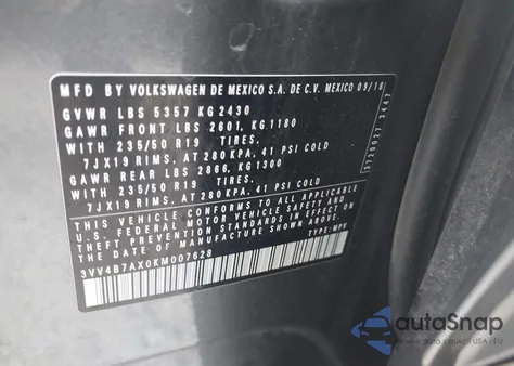 2019 Volkswagen Tiguan 2.0T Sel Premium/2.0T Sel Premium R-Line from USA, damaged, VIN 3VV4B7AX0KM007628